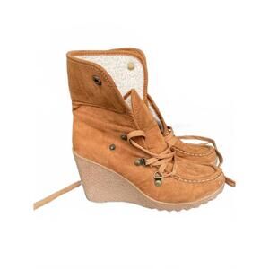 Unionbay Tan Faux Suede‎ Sherpa Wedge Boots • Fold Over High/Low Top 8W